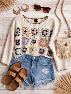 NWT Lumier Granny Square Abstract Crochet Sweater | Ribbed Knit | Size Small